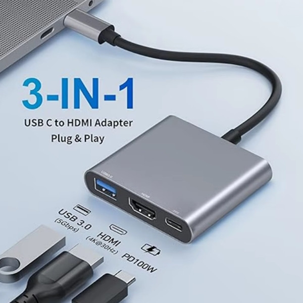 Adaptador de concentrador USB C con entrega de energía de 60 W, salida HDMI 4K,