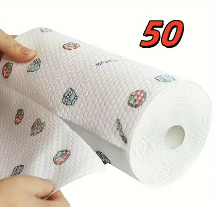 50 uds/rollo de paños de cocina absorbentes, papel de cocina grueso, uso seco y húmedo, patrón aleatorio no graso para limpieza de fregaderos, lavavajillas