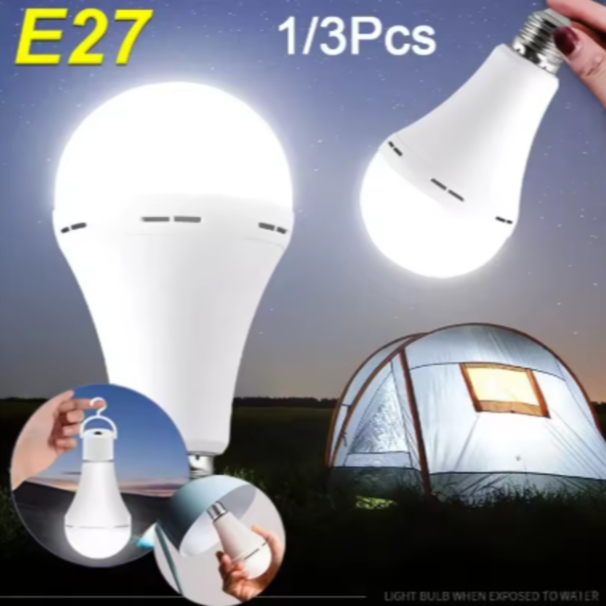 Bombilla LED recargable para exteriores, luz de emergencia impermeable, luz nocturna colgante portátil, ajustable, para acampar, pescar y jardín, 1/3 Uds.
