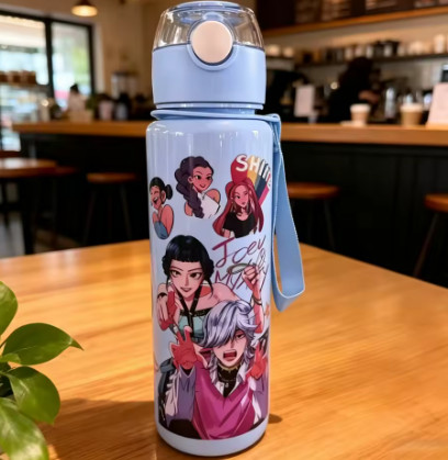 Botella de agua con figura de dibujos animados, taza portátil con pajita para exteriores para niños, deportes de verano para niñas, a prueba de fugas, linda