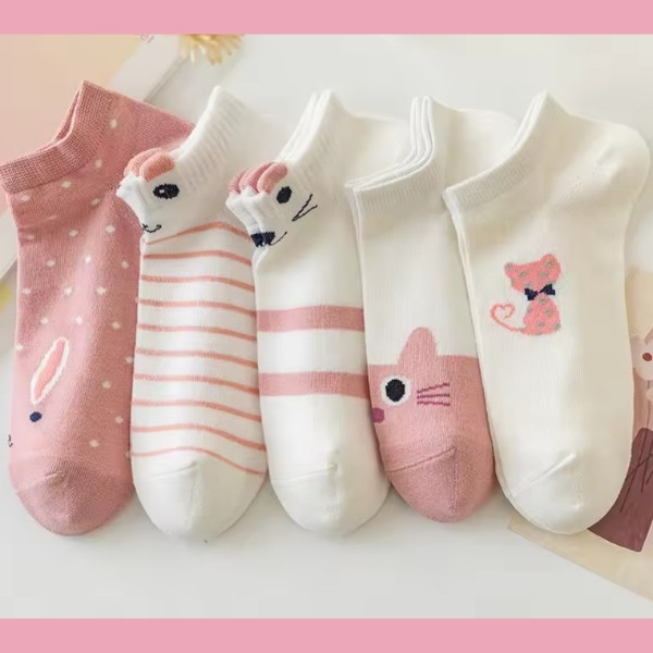 Calcetines cortos de tubo para niñas, medias finas de gato rosa para las cuatro estaciones, 5 pares