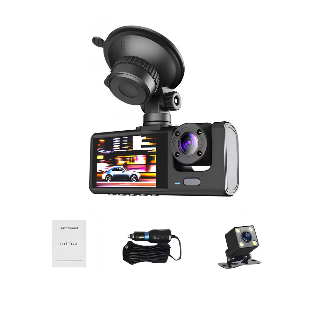 Cámara DVR 1080P para Coche, Grabadora de Conducción con Cámaras Delantera, Interior y Trasera, Pantalla de 2 Pulgadas, Compatible con Visión Nocturna y Grabación en Bucle