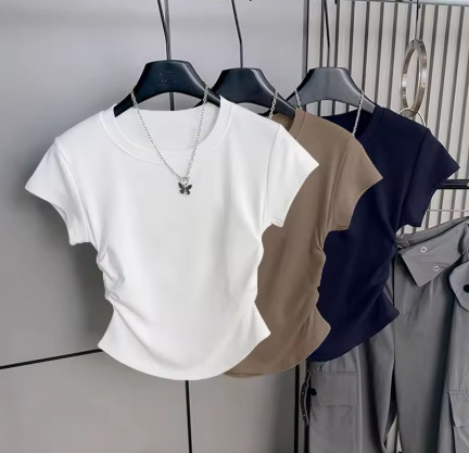 Camiseta de manga corta para mujer 2025: Nueva moda de verano con diseño ceñido a la cintura, top versátil que estiliza la fi...
