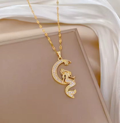 Collares con colgante de sirena y Luna romántica y creativa para mujeres y niñas, cadena de acero inoxidable, accesorios de joyería, regalos para amantes