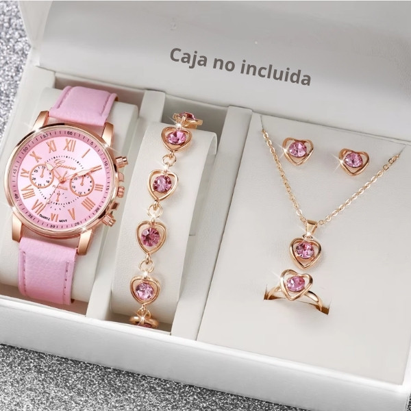 Conjunto de 5/6 piezas de relojes de pulsera analógicos de cuarzo con correa de cuero y diamantes de imitación en forma de corazón para mujer (sin caja).
