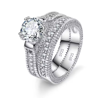 Conjunto de anillos de compromiso de boda elegantes, accesorio de aniversario de Color Plata de Ley 925 con piedra de circón Cubiz totalmente brillante