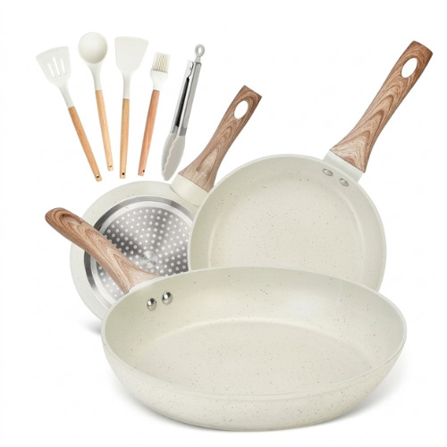 Conjunto de cocina, 3 sartenes, GRATIS 5 utensilios de cocina.