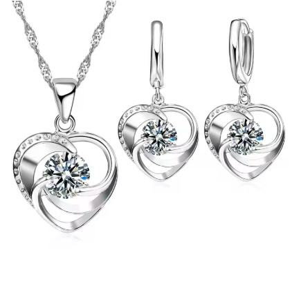 Conjunto de pendientes y collar estampado de Plata de Ley 925, cadena larga, estilo romántico dulce, forma de corazón de amor para mujer, esposa