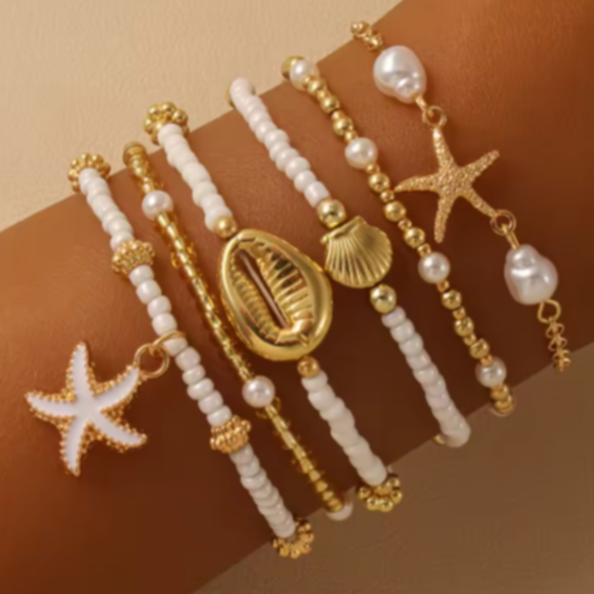 Conjunto de pulsera de cuentas de estrella de mar de concha bohemia para mujer, pulseras de perlas apiladas multicapa para playa y verano, regalos de joyería para fiesta