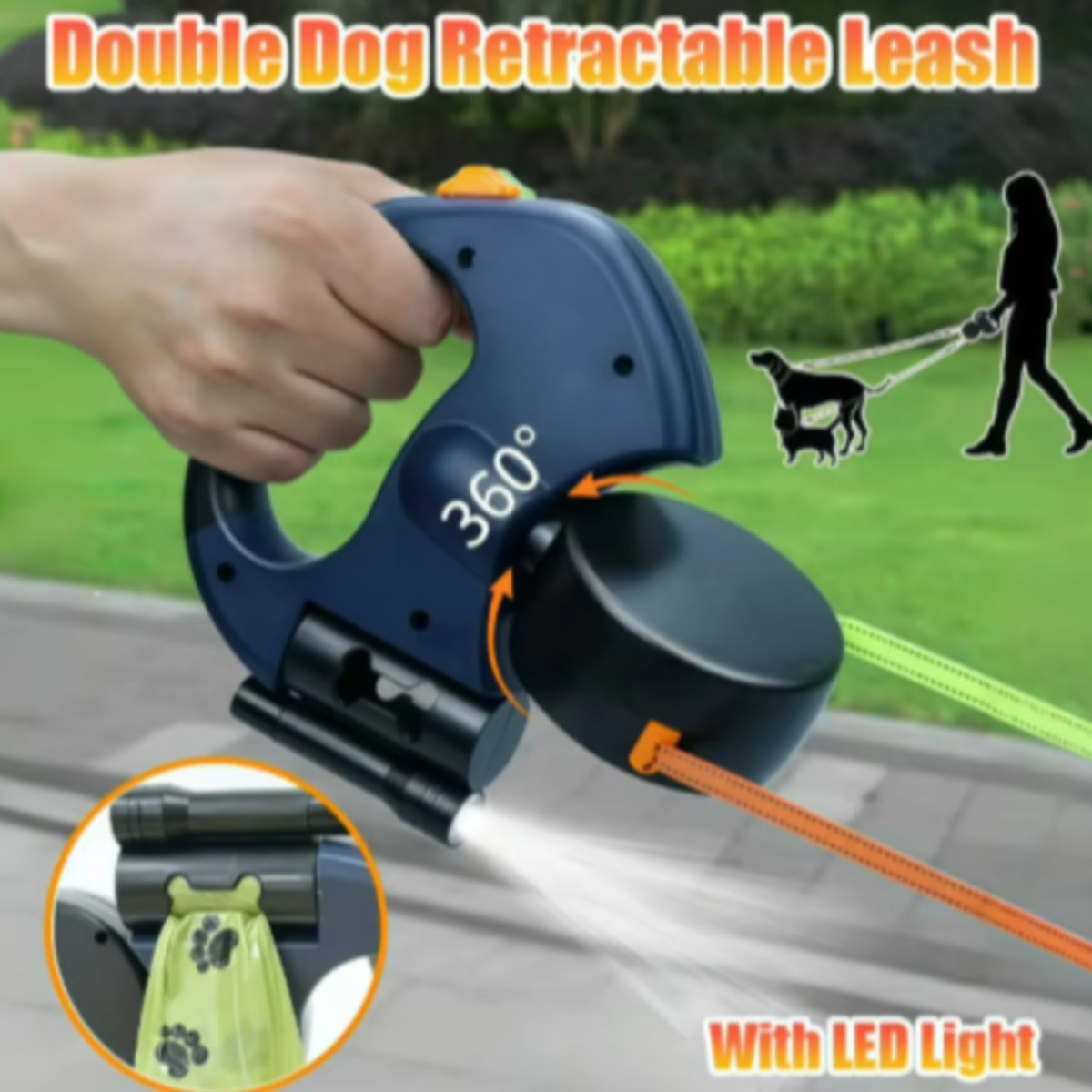 Correa retráctil automática para perros de doble punta, 3m, con linterna LED, caja de bolsas de basura, ruleta, cuerda de tracción doble de 360 grados, suministros para mascotas