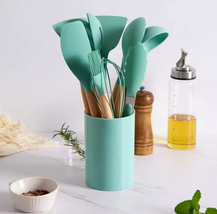 12 utensilios de cocina con cubos cubos de almacenamiento de mango de madera herramientas de cocina antideslizantes cucharas de silicona