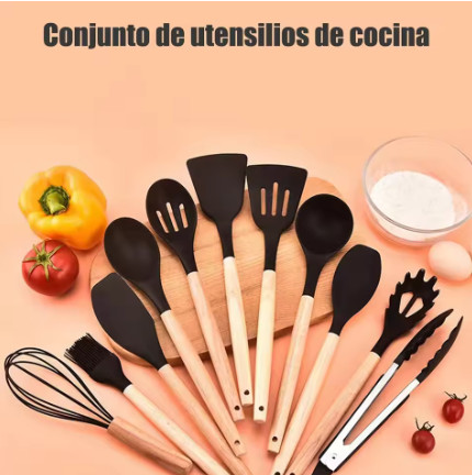 12 utensilios de cocina con cubos cubos de almacenamiento de mango de madera herramientas de cocina antideslizantes cucharas de silicona