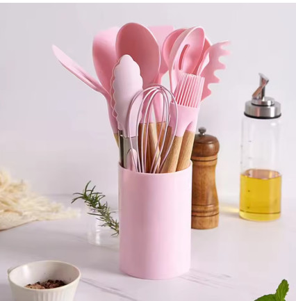 12 utensilios de cocina con cubos cubos de almacenamiento de mango de madera herramientas de cocina antideslizantes cucharas de silicona