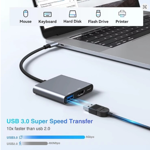 Adaptador de concentrador USB C con entrega de energía de 60 W, salida HDMI 4K,