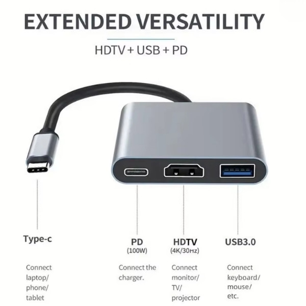 Adaptador de concentrador USB C con entrega de energía de 60 W, salida HDMI 4K,