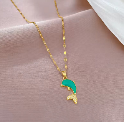 [Acero de titanio] Collar de delfines de circonia moderno y versátil, cadena de clavícula para mujer, joyería de acero de titanio