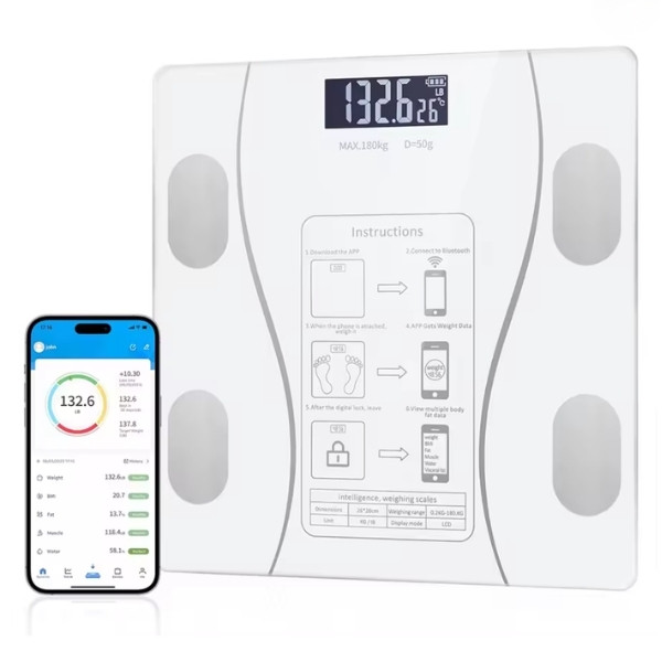 Báscula inteligente de grasa corporal con Pantalla LED - báscula de baño digital con bluetooth, medición precisa de la composición corporal, masa muscular, IMC y análisis de agua c