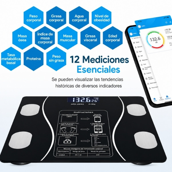 Báscula inteligente de grasa corporal con Pantalla LED - báscula de baño digital con bluetooth, medición precisa de la composición corporal, masa muscular, IMC y análisis de agua c