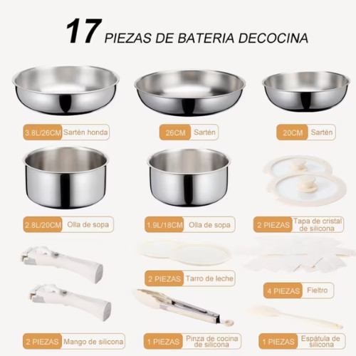 Batería De Cocina 17 pz Mango Desmontable de acero inoxidable