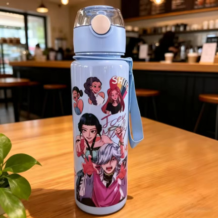 Botella de agua con figura de dibujos animados, taza portátil con pajita para exteriores para niños, deportes de verano para niñas, a prueba de fugas, linda
