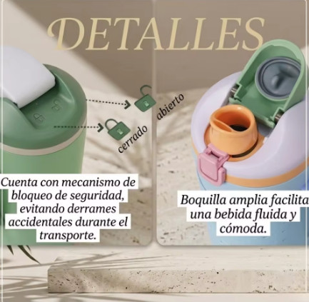 Botella térmica reutilizable con popote integrado y asa,FAB-29, Termo moderno de acero inoxidable 304, 900 ml, práctico, ligero y duradero para el día a día,Tapa Hermética con Boqu