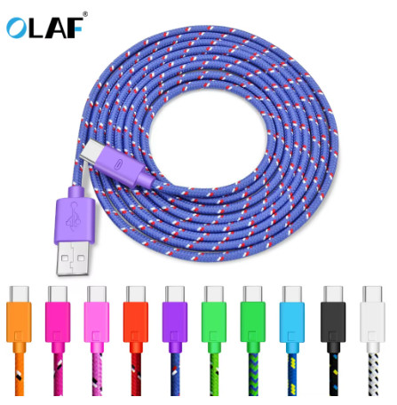 Cable USB tipo C trenzado de nailon OLAF, 1M, 2M, 3M, sincronización de datos, Cable USB C de carga rápida para Samsung S9 S10 Xiaomi mi9 mi8 Huawei tipo c
