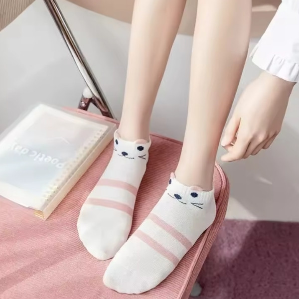Calcetines cortos de tubo para niñas, medias finas de gato rosa para las cuatro estaciones, 5 pares
