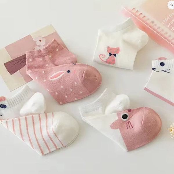 Calcetines cortos de tubo para niñas, medias finas de gato rosa para las cuatro estaciones, 5 pares