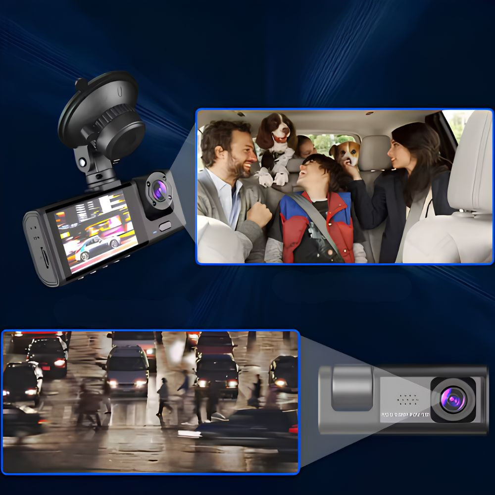 Cámara DVR 1080P para Coche, Grabadora de Conducción con Cámaras Delantera, Interior y Trasera, Pantalla de 2 Pulgadas, Compatible con Visión Nocturna y Grabación en Bucle