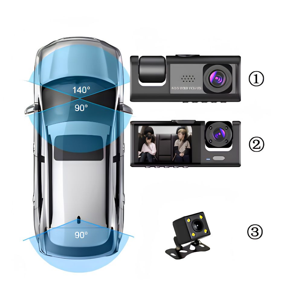 Cámara DVR 1080P para Coche, Grabadora de Conducción con Cámaras Delantera, Interior y Trasera, Pantalla de 2 Pulgadas, Compatible con Visión Nocturna y Grabación en Bucle