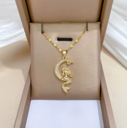 Collares con colgante de sirena y Luna romántica y creativa para mujeres y niñas, cadena de acero inoxidable, accesorios de joyería, regalos para amantes