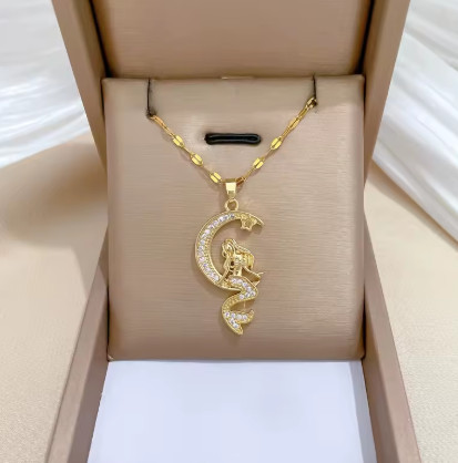 Collares con colgante de sirena y Luna romántica y creativa para mujeres y niñas, cadena de acero inoxidable, accesorios de joyería, regalos para amantesV