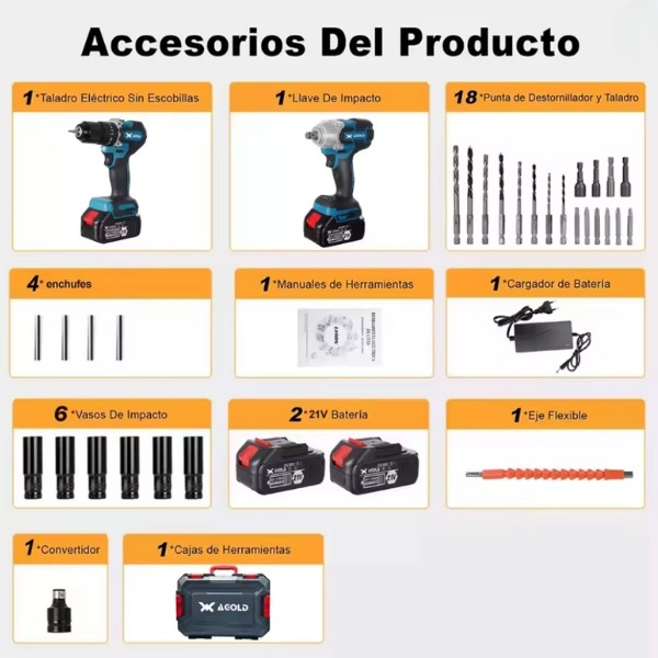 Combo de Taladro y Llave de Impacto sin Escobillas, Destornillador 2 en 1, 2 Baterías, Juego de Herramientas Profesional