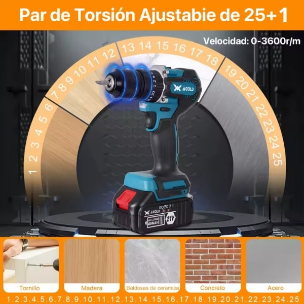 Combo de Taladro y Llave de Impacto sin Escobillas, Destornillador 2 en 1, 2 Baterías, Juego de Herramientas Profesional