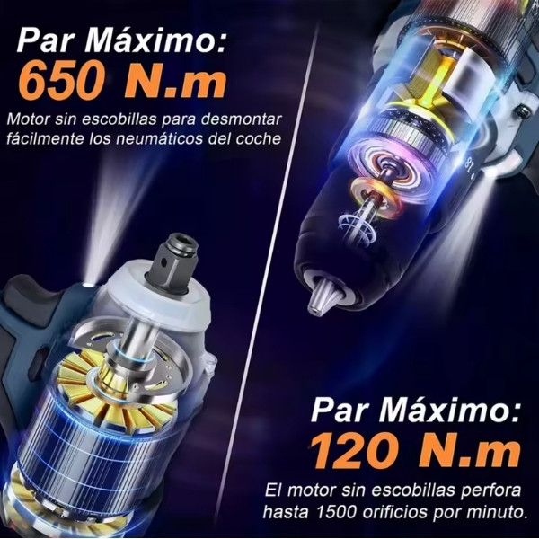 Combo de Taladro y Llave de Impacto sin Escobillas, Destornillador 2 en 1, 2 Baterías, Juego de Herramientas Profesional