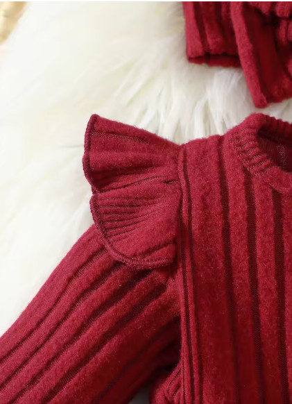 Conjunto de 2 piezas de vestido de manga larga y diadema color rojo vino para bebé recién nacida, con tela cómoda y a la moda.