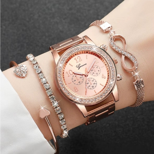 Conjunto de 4 relojes de pulsera de cuarzo de lujo con diamantes de imitación para mujer, con correa de acero. Reloj Mujer (sin caja).