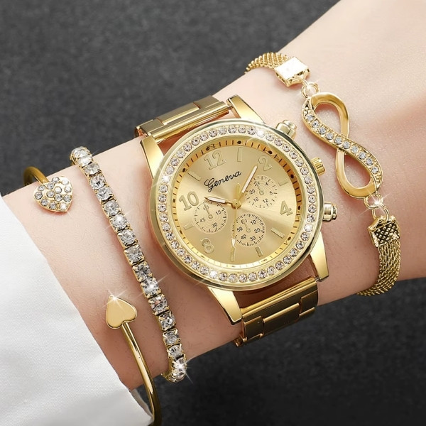 Conjunto de 4 relojes de pulsera de cuarzo de lujo con diamantes de imitación para mujer, con correa de acero. Reloj Mujer (sin caja).