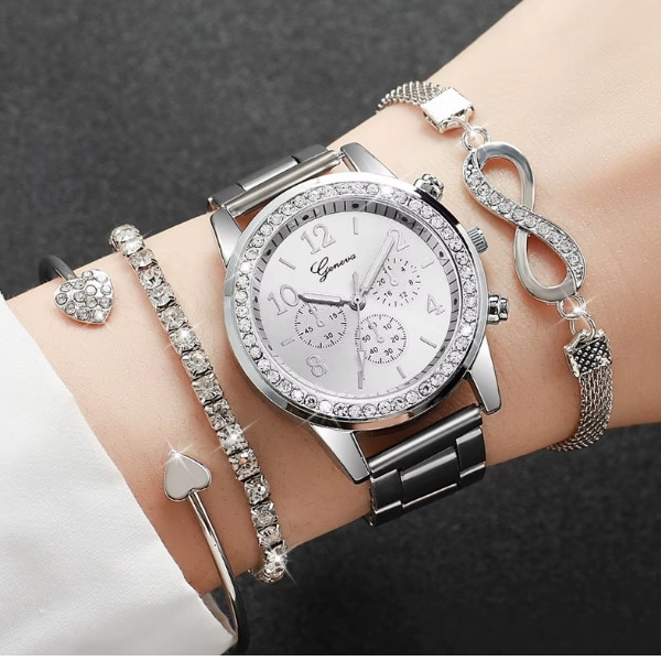 Conjunto de 4 relojes de pulsera de cuarzo de lujo con diamantes de imitación para mujer, con correa de acero. Reloj Mujer (sin caja).