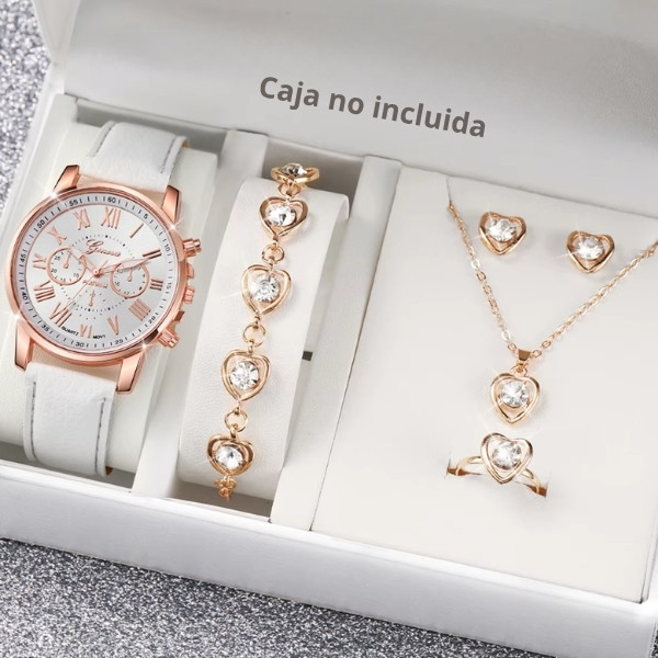 Conjunto de 5/6 piezas de relojes de pulsera analógicos de cuarzo con correa de cuero y diamantes de imitación en forma de corazón para mujer (sin caja).