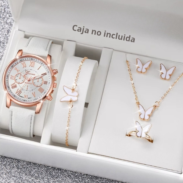 Conjunto de 5/6 piezas de relojes de pulsera analógicos de cuarzo con correa de cuero y diamantes de imitación en forma de corazón para mujer (sin caja).