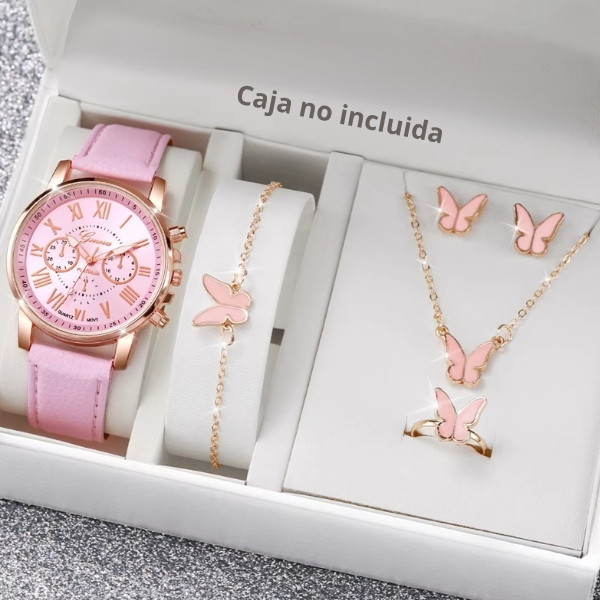 Conjunto de 5/6 piezas de relojes de pulsera analógicos de cuarzo con correa de cuero y diamantes de imitación en forma de corazón para mujer (sin caja).