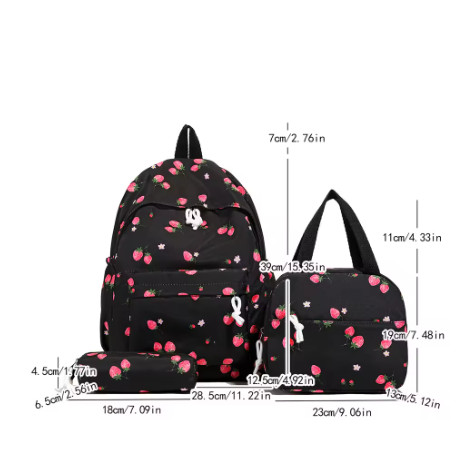 Conjunto de mochila de fresa bonita a la moda, bolso y estuche para bolígrafo de nailon acolchado con doble cremallera para mujer, elementos esenciales para ir al trabajo