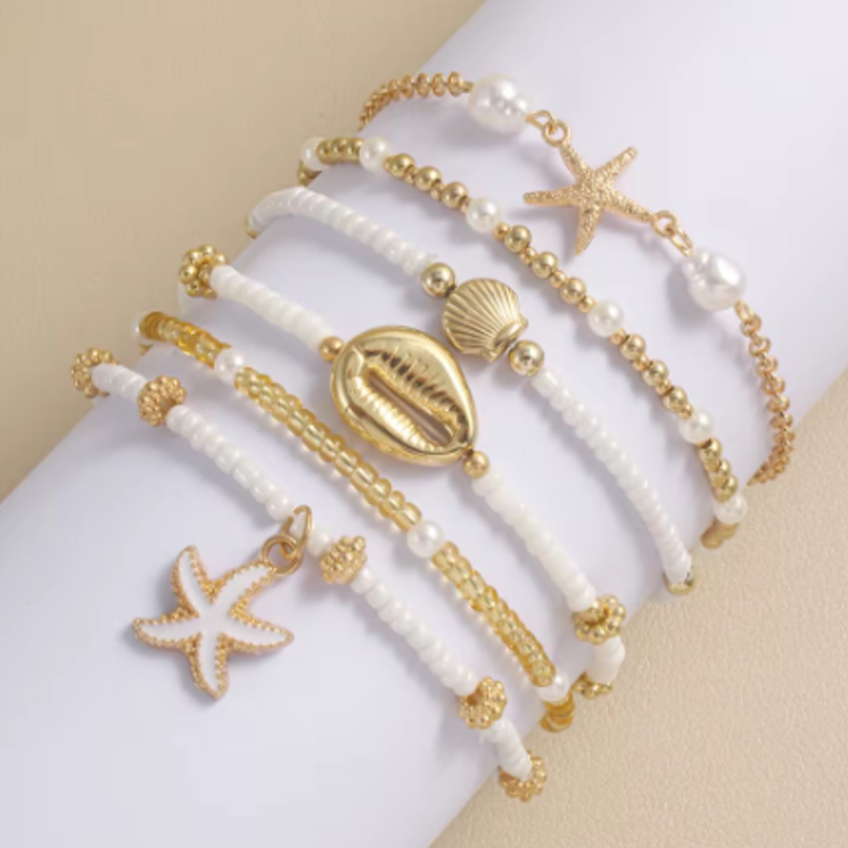 Conjunto de pulsera de cuentas de estrella de mar de concha bohemia para mujer, pulseras de perlas apiladas multicapa para playa y verano, regalos de joyería para fiesta