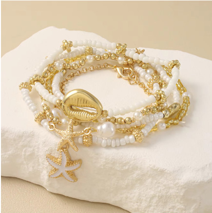 Conjunto de pulsera de cuentas de estrella de mar de concha bohemia para mujer, pulseras de perlas apiladas multicapa para playa y verano, regalos de joyería para fiesta