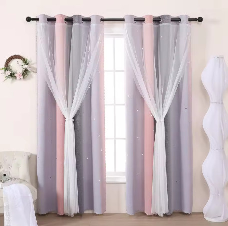 Cortinas perforadas de doble capa degradadas, estrellas ahuecadas, decoración de sombreado para habitación infantil, juego de una pieza