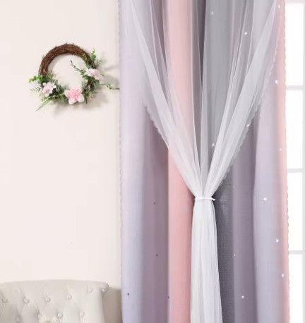 Cortinas perforadas de doble capa degradadas, estrellas ahuecadas, decoración de sombreado para habitación infantil, juego de una pieza