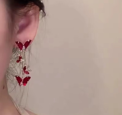 Elegantes Pendientes Colgantes de Mariposa con Circones Rojos para Mujer, Pendientes de Metal con Lazo Dulce y de Moda, Accesorios de Joyería con Encanto