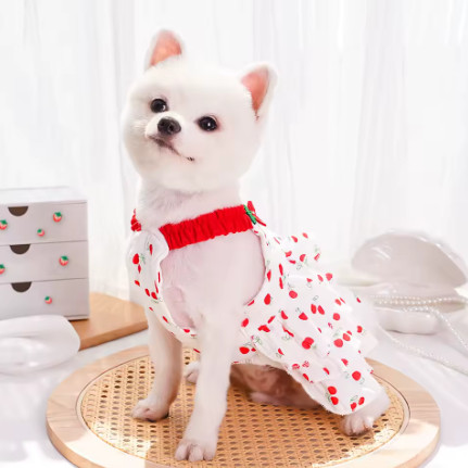 Falda de algodón con diseño de cereza para perro, vestido bonito transpirable con tirantes para mascotas, ropa para perros grandes, falda para gato, vestido de princesa Chihuahua