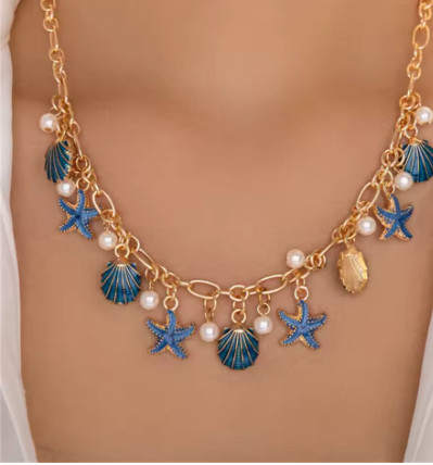 Gargantilla con colgante de vieiras de estrella de mar bohemia para mujer, elegante cadena con borlas, joyería de perlas de playa estética de girasol
